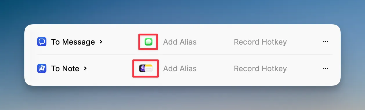 Raycast Dictation styles “To Message” and “To Note,” each configured to run automatically in a specific app.