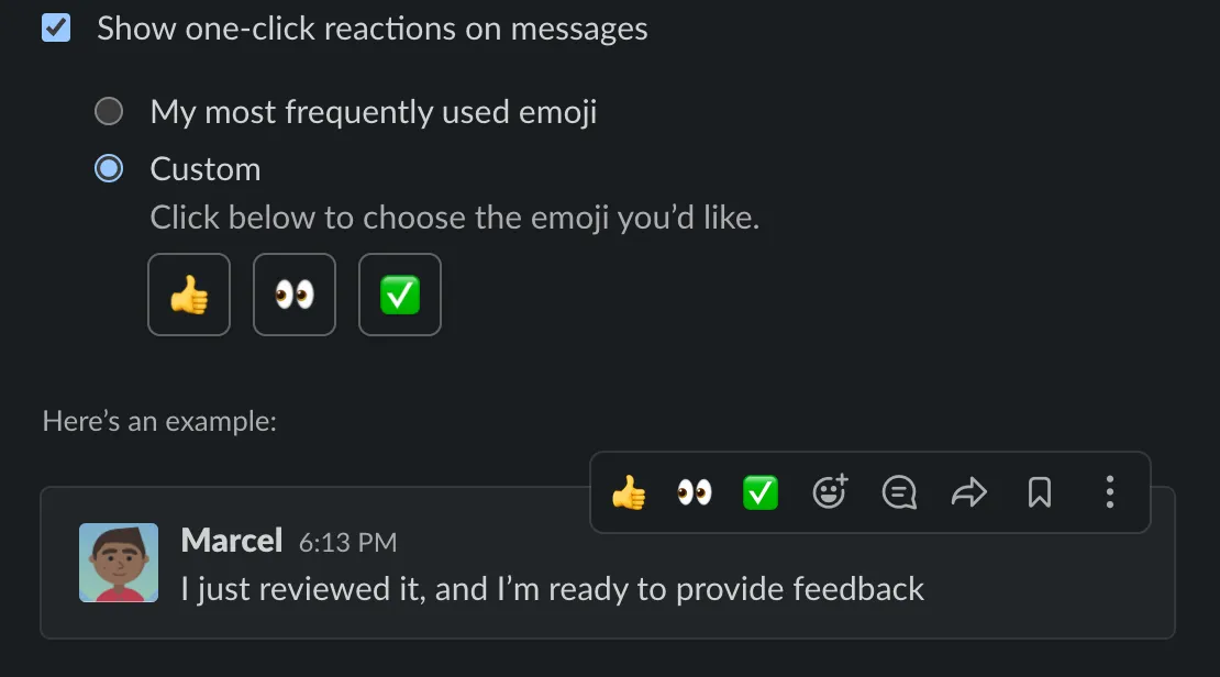 Screenshot of Slack's preferences to add favorite reactions