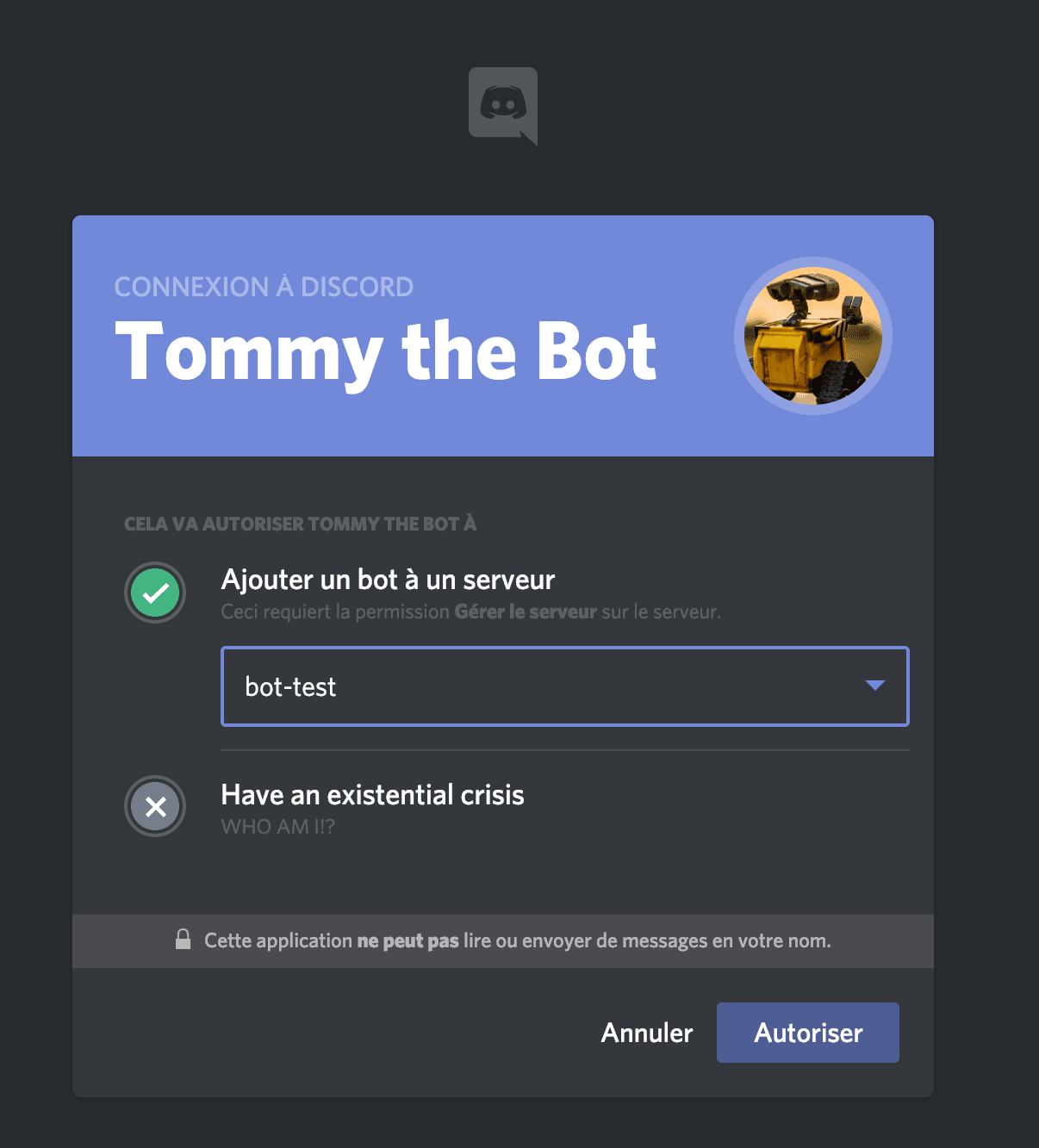 Add a bot to a server - step 2