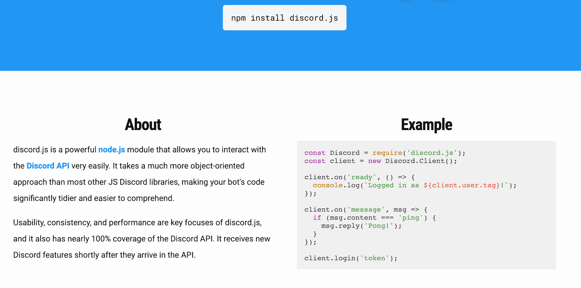 Screenshot of Discord.js's website