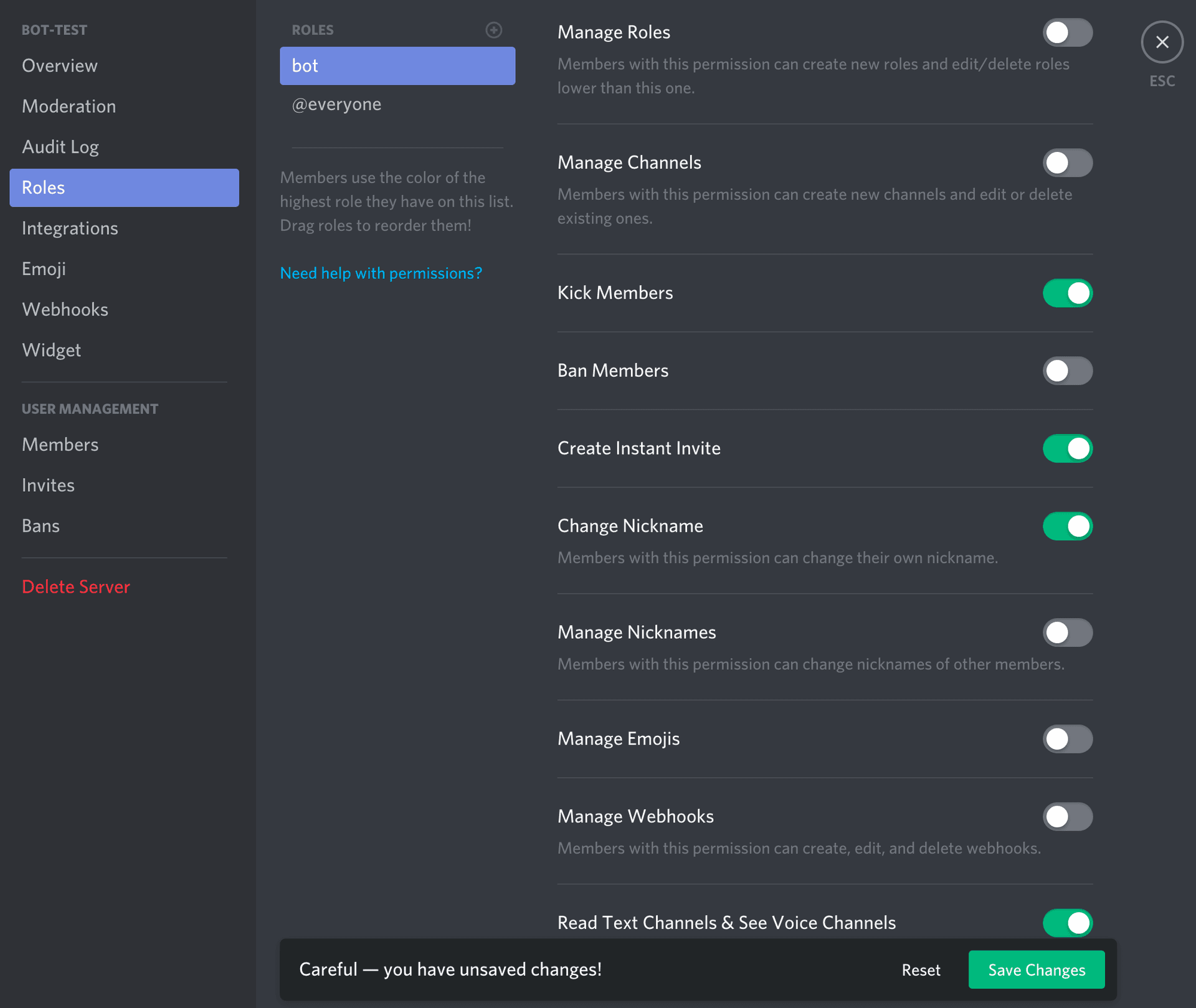 Attributing a role to the bot - step 2