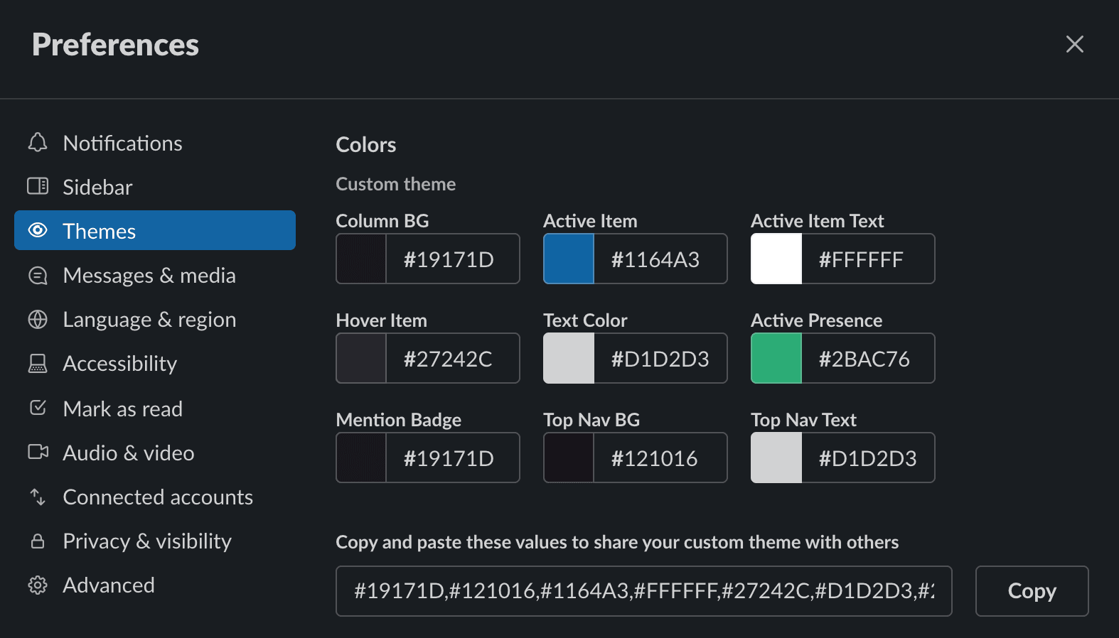Screenshot of the themes preferences in Slack